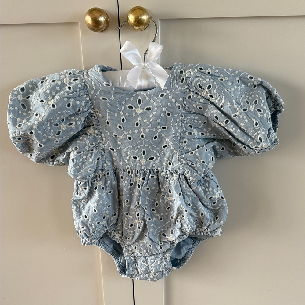 H&M Light Blue Eyelet Puff-Sleeve Romper
